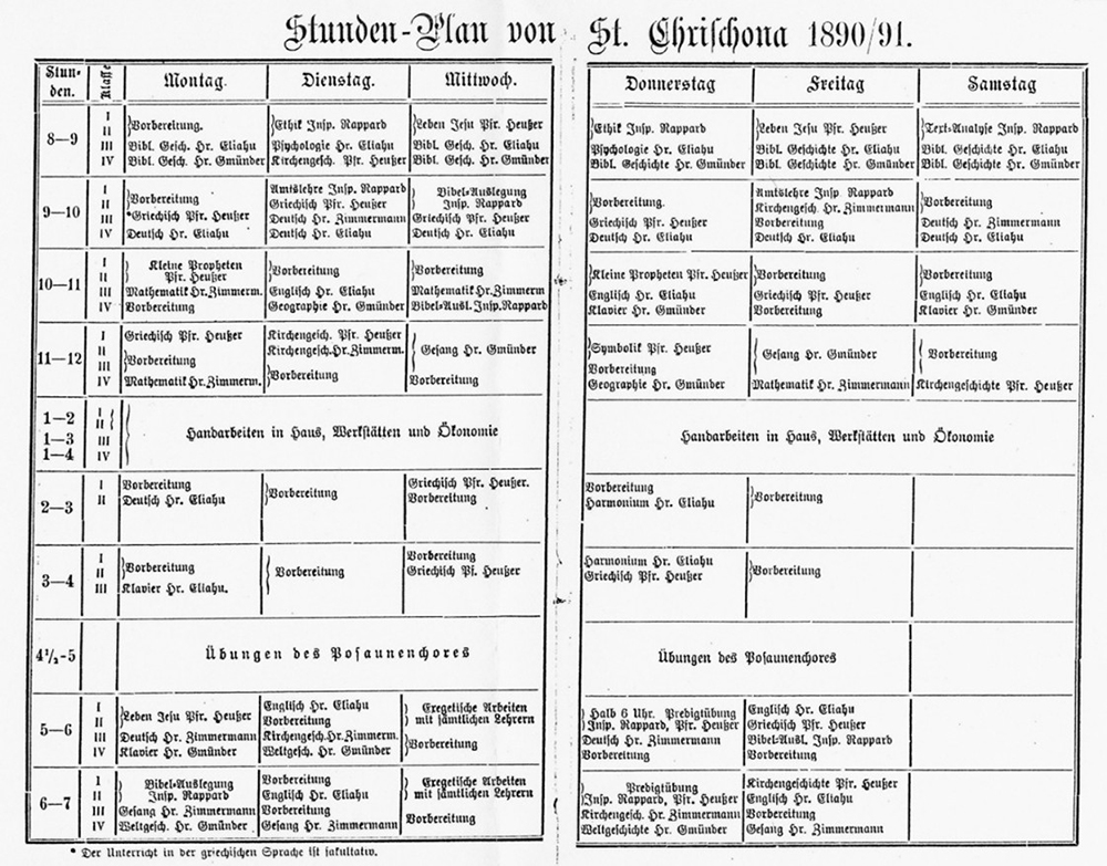Stundenplan von St. Chrischona 1890/91